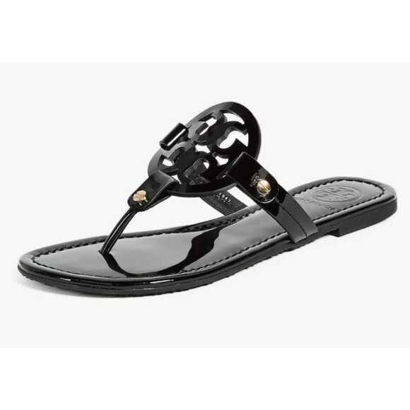 Tory Burch Miller Sandals Black Patent Leather Logo Thong Flip Flops Women Sze 9 - Picture 12 of 14
